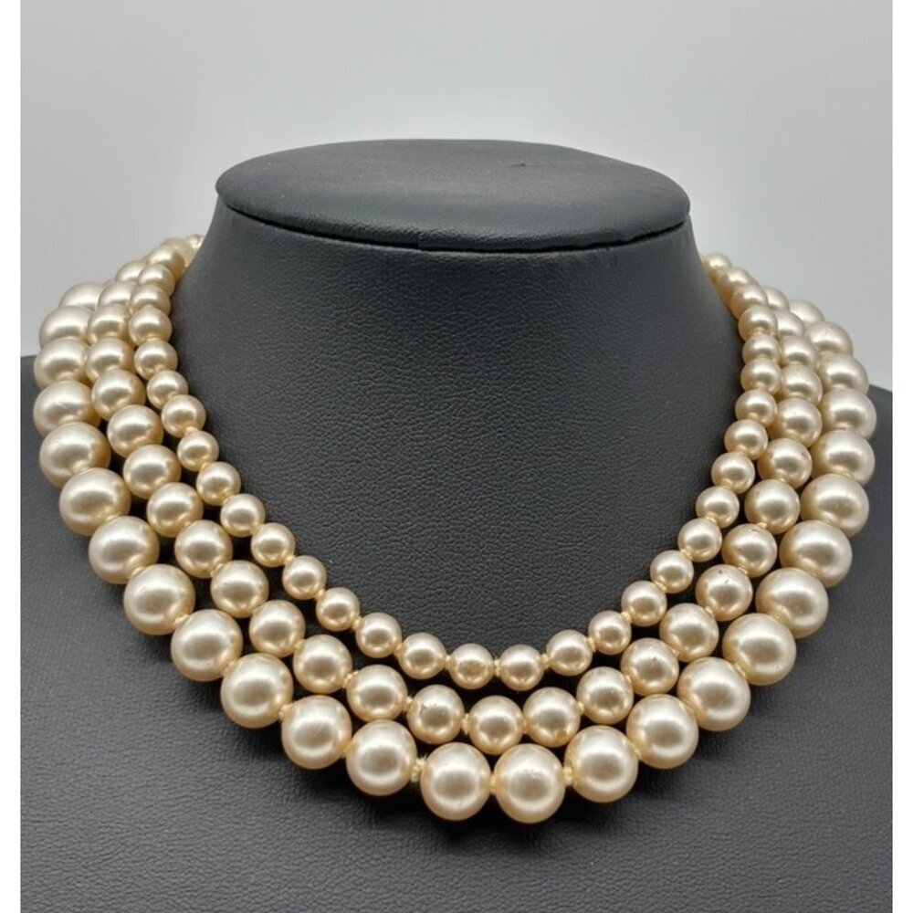 Vintage Triple Strand Faux Pearl Choker-Collar Adjustable Marked Japan 1960s/70s